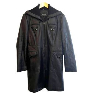 Jones NY Vintage Black Leather Short Trench Jacket Early 2000s, Full Zip